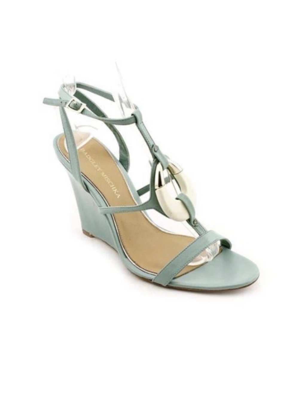 Badgley Mischka Sage Green Leather T-Strap Wedge Sandals with Cream Accent